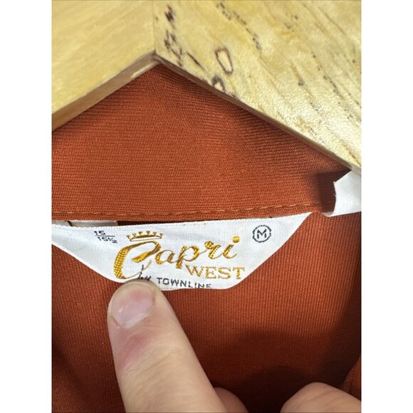 Vintage 70s Capri West Disco Shirt Rust Orange Big Collar Polyester 15.5 M - Picture 4 of 6